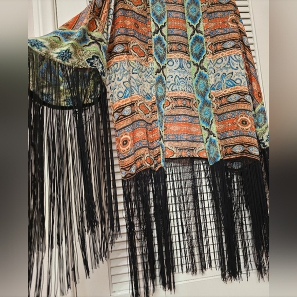 Boston Proper Bohemian Artsy Moasic Fringe Kimono Cardigan Wrap Cape Open Duster - Picture 10 of 12